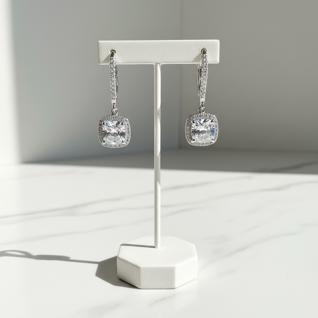 Sterling Silver 925 Simple Round Earrings Plated Platinum. Zircon Gemstones