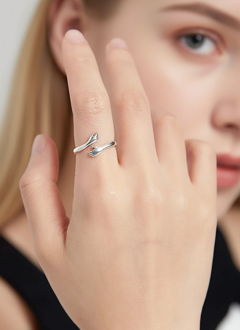 Open Ring Warm Love Hand Adjustable Glossy Ring for Women. Sterling Silver 925