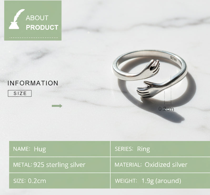 Open Ring Warm Love Hand Adjustable Glossy Ring for Women. Sterling Silver 925