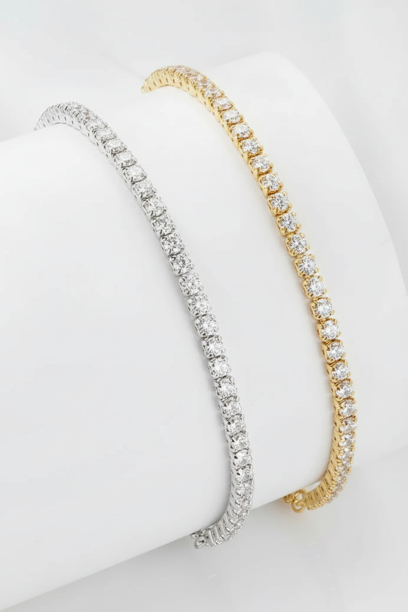 18K Gold Plated CZ Classic Tennis Bracelet for Women, 925 Sterling Silver Adjustable Slider Bracelet.