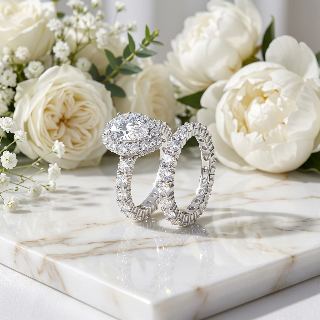 Full Moissanite Engagement Ring. Pear Shape S925 Silver Plated Platinum