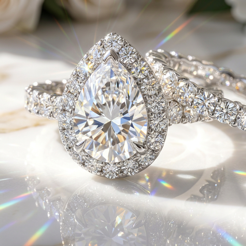 Full Moissanite Engagement Ring. Pear Shape S925 Silver Plated Platinum