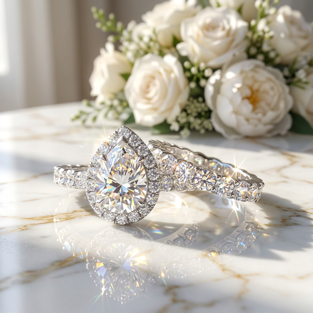 Full Moissanite Engagement Ring. Pear Shape S925 Silver Plated Platinum