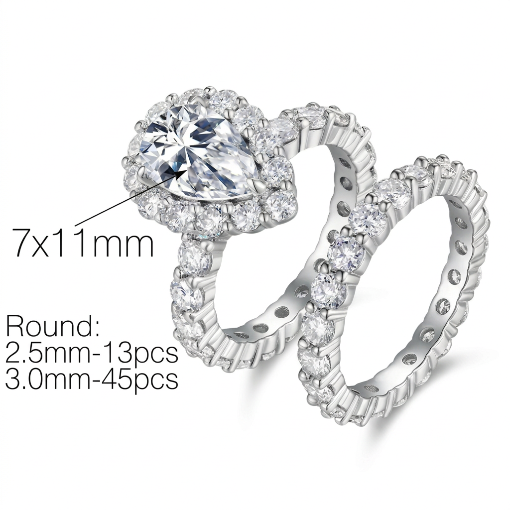 Full Moissanite Engagement Ring. Pear Shape S925 Silver Plated Platinum