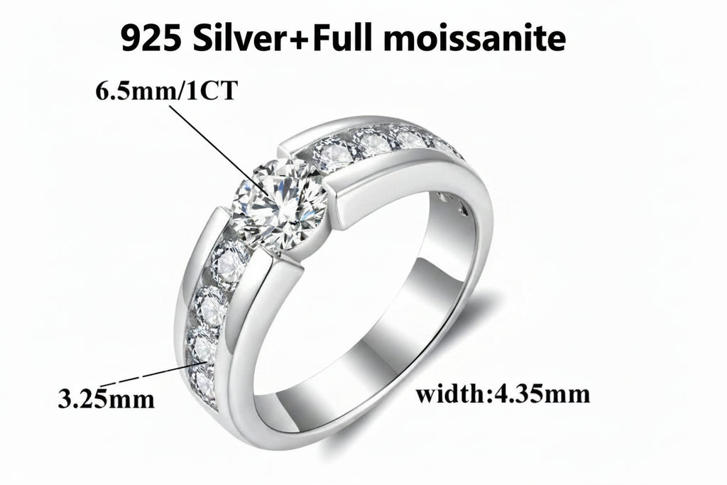 Men Moissanite Ring S925 Sterling Silver Plated White Gold. Round Cut Moissanite Rings for Men/Women. Luxury Full Moissanite Ring
