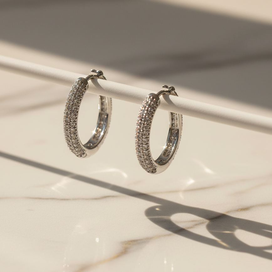 Sterling Silver 925 Simple Round Earrings Plated Platinum. Zircon Gemstones