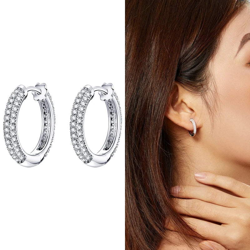 Sterling Silver 925 Simple Round Earrings Plated Platinum. Zircon Gemstones