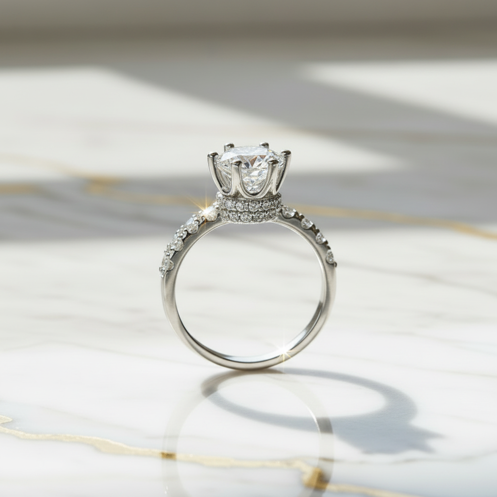 Couronne Royale – Bague Solitaire Halo Moissanite 2 Carats en Argent 925