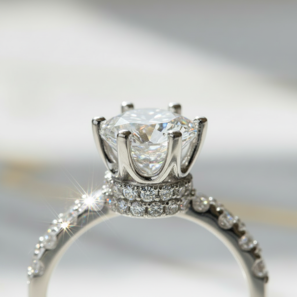 Couronne Royale – Bague Solitaire Halo Moissanite 2 Carats en Argent 925