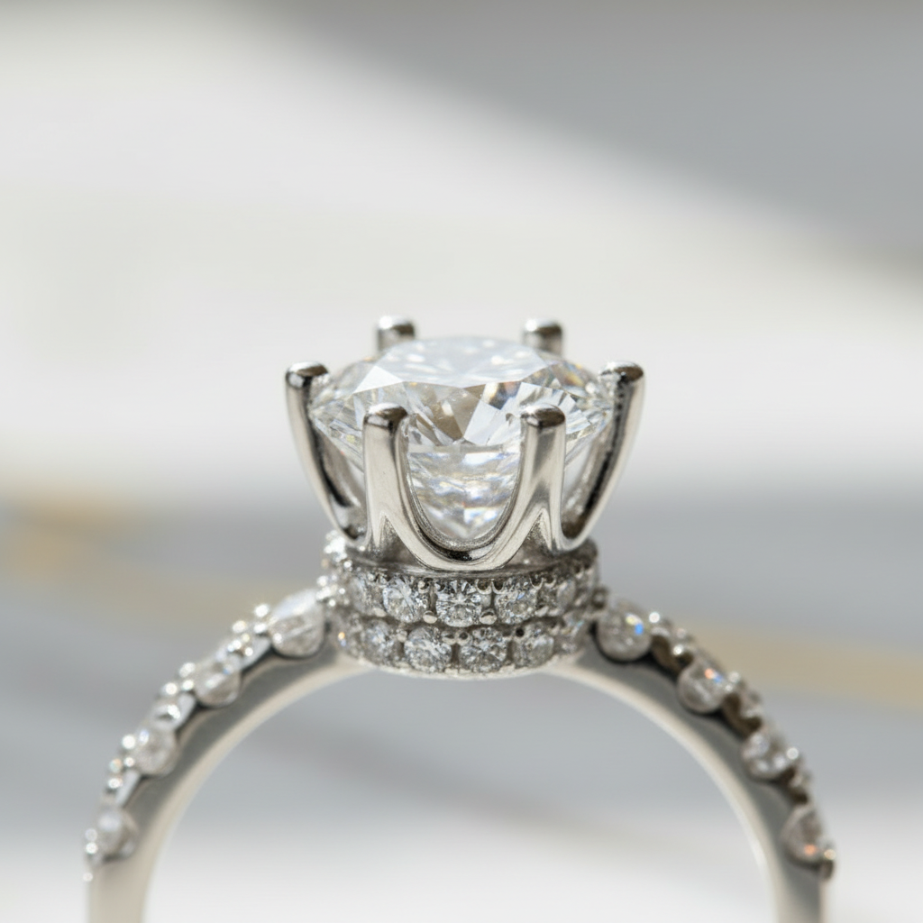 Couronne Royale – Bague Solitaire Halo Moissanite 2 Carats en Argent 925