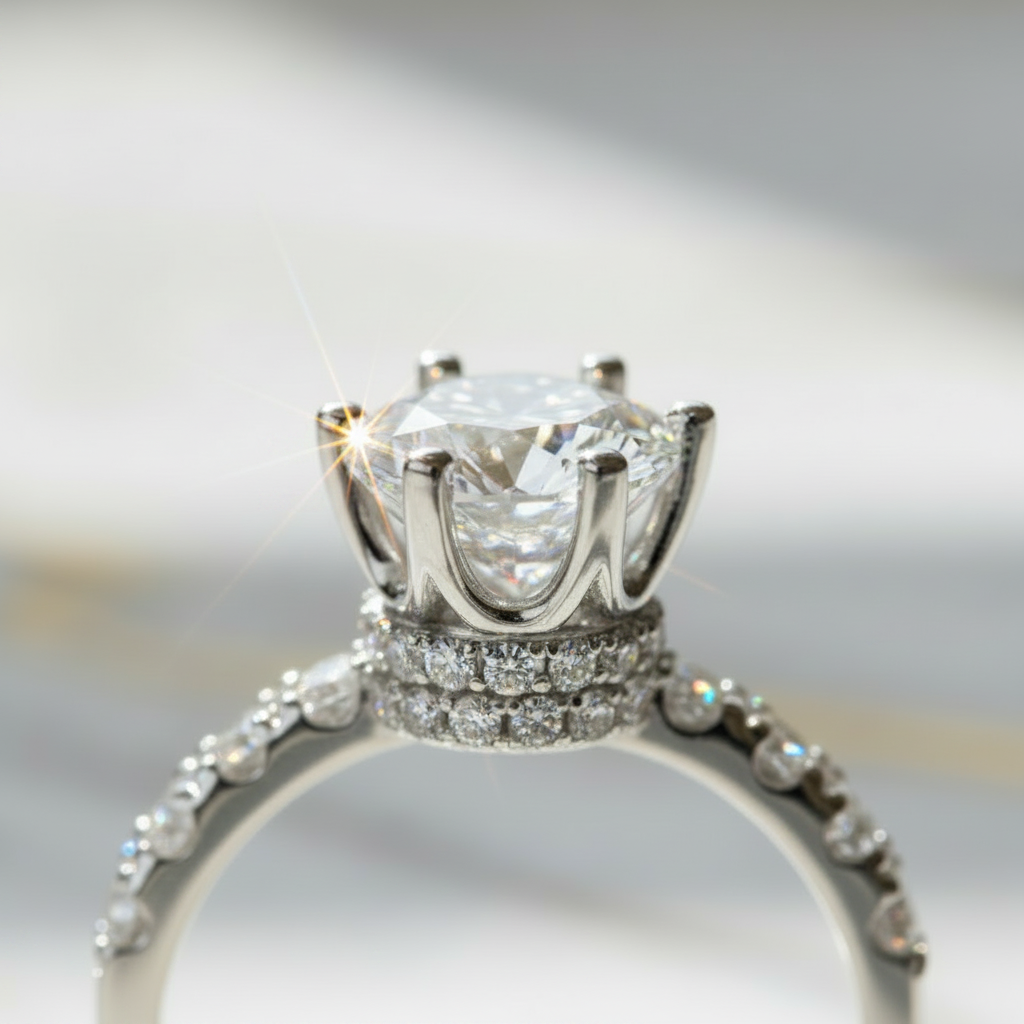 Couronne Royale – Bague Solitaire Halo Moissanite 2 Carats en Argent 925
