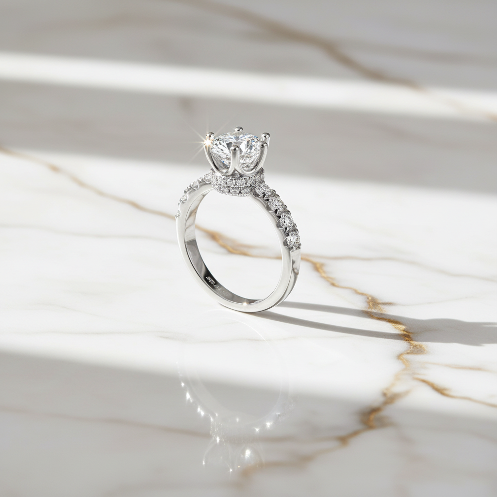 Couronne Royale – Bague Solitaire Halo Moissanite 2 Carats en Argent 925