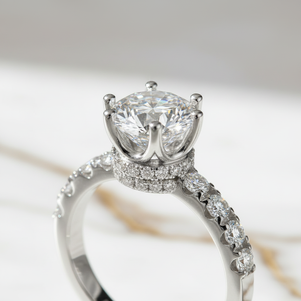 Couronne Royale – Bague Solitaire Halo Moissanite 2 Carats en Argent 925