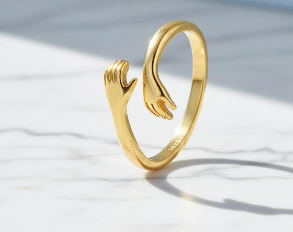 Open Ring Warm Love Hand Adjustable Glossy Ring for Women. Sterling Silver 925