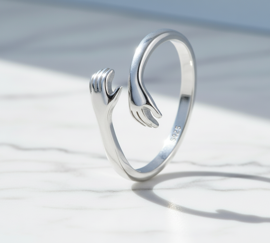 Open Ring Warm Love Hand Adjustable Glossy Ring for Women. Sterling Silver 925