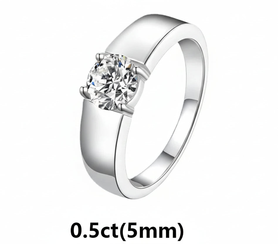 Moissanite Ring for Men/Women 925 Sterling Silver Plated White Gold. Classic Round Cut.