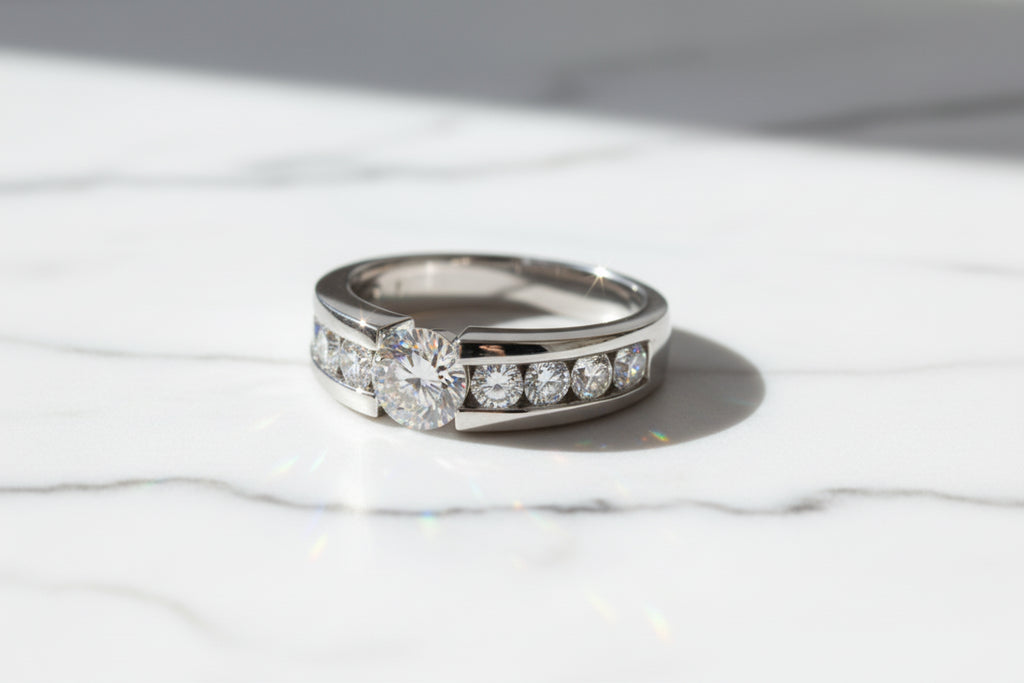 Men Moissanite Ring S925 Sterling Silver Plated White Gold. Round Cut Moissanite Rings for Men/Women. Luxury Full Moissanite Ring