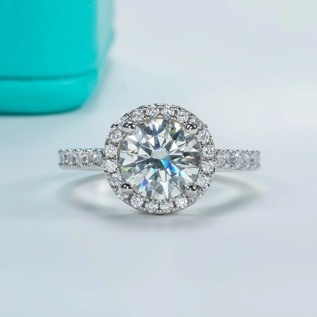2 Carats D Color Moissanite Halo Engagement Ring For Women 925 Sterling Silver plated white gold