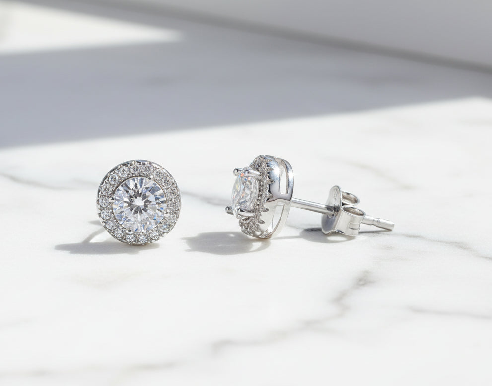 Halo CZ Stud Earrings Hypoallergenic Sterling Silver 925