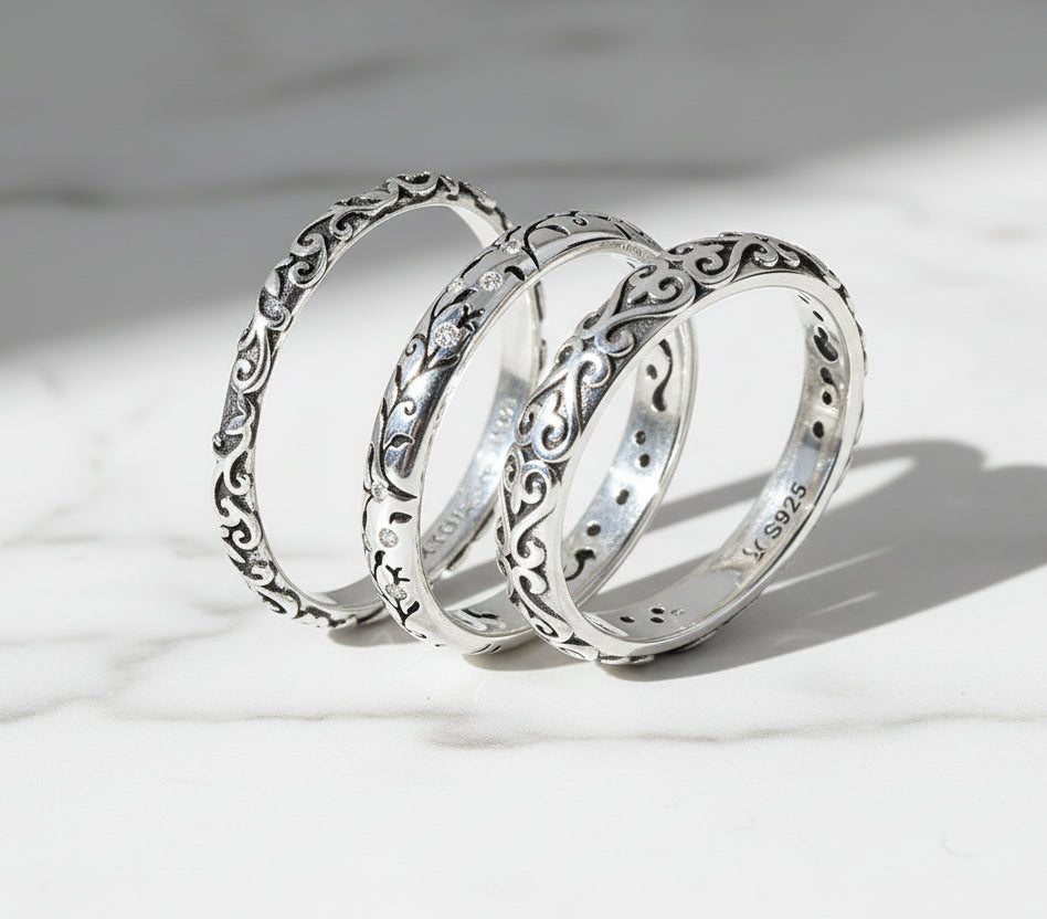 Vintage Embossed Vine Pattern Band Ring for Women, Stackable Engraved Iris Ring