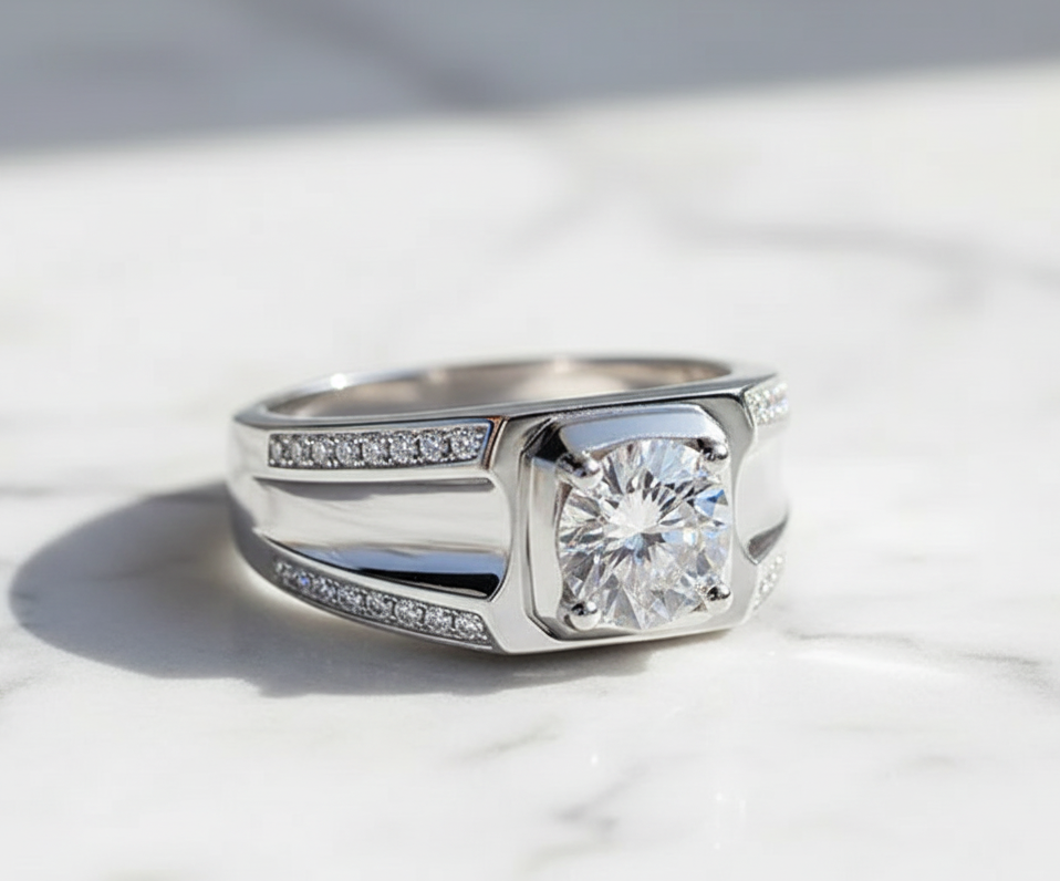 Moissanite Ring 925 Sterling Silver. Classic Round Cut.