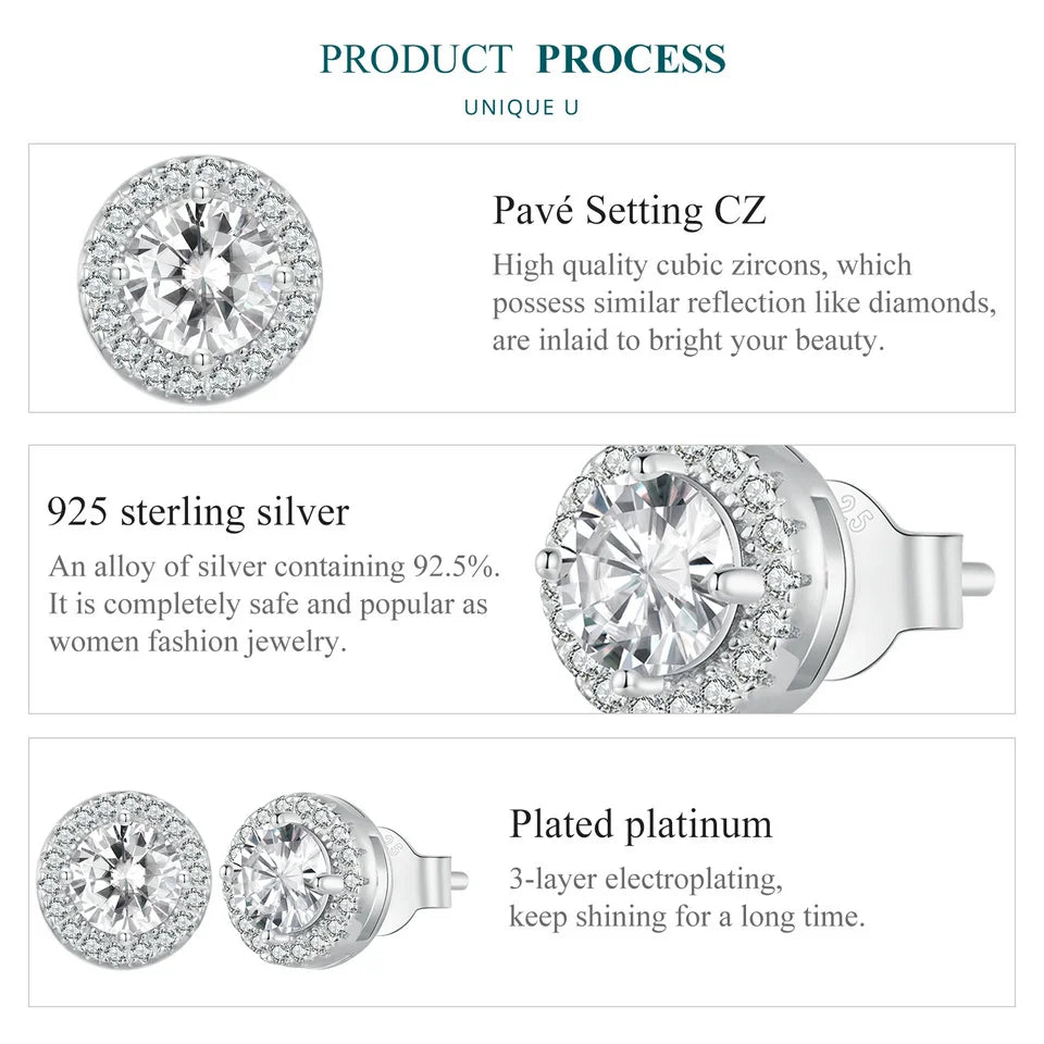Halo CZ Stud Earrings Hypoallergenic Sterling Silver 925