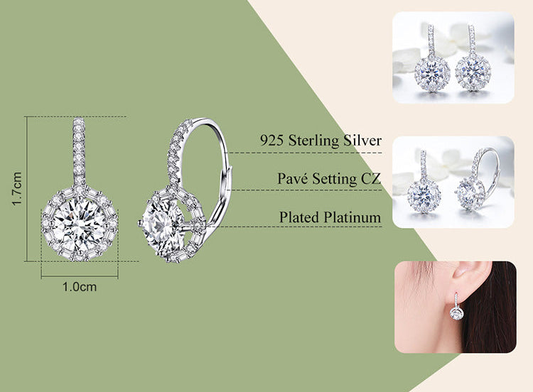 Sterling Silver 925 Simple Round Earrings Plated Platinum. Zircon Gemstones