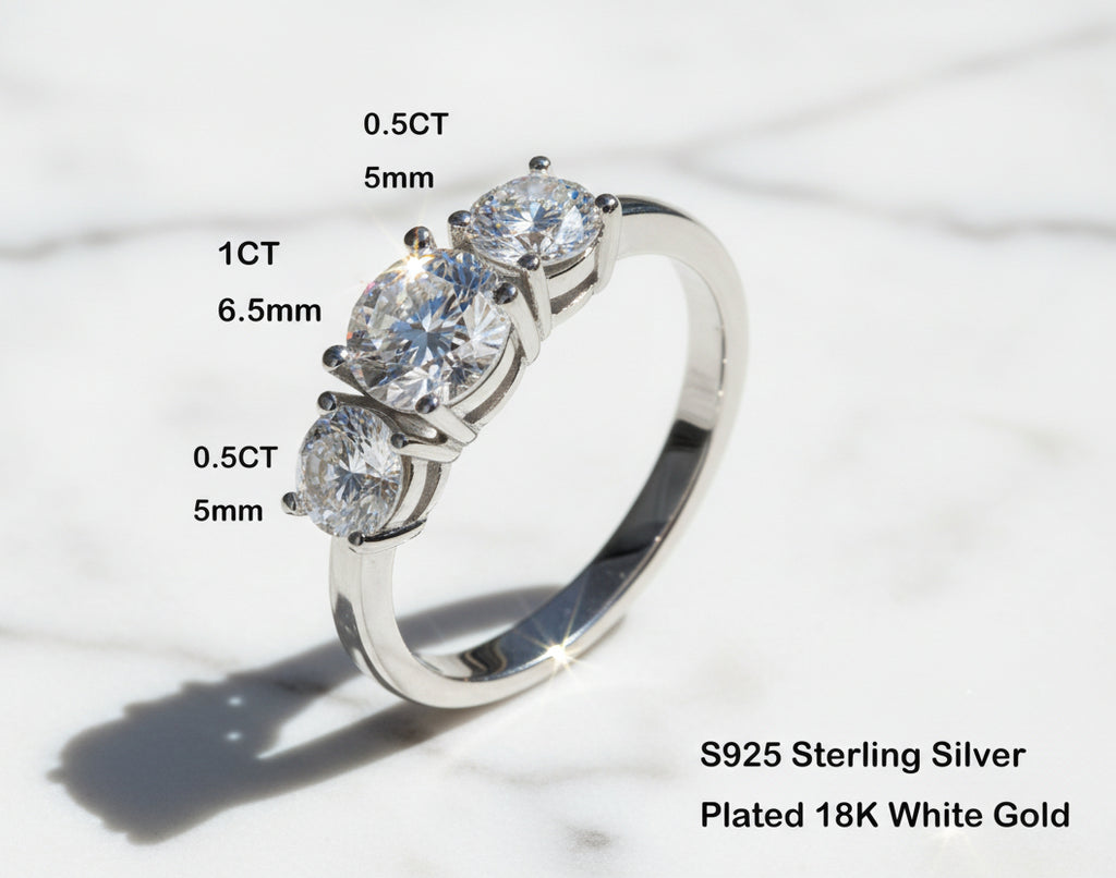 2-4 Crts Moissanite Diamond Ring. Three-Stones With Certificates. Sterling Silver 925 Plated White Gold