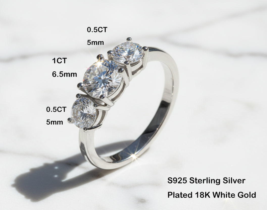 2-4 Crts Moissanite Diamond Ring. Three-Stones With Certificates. Sterling Silver 925 Plated White Gold