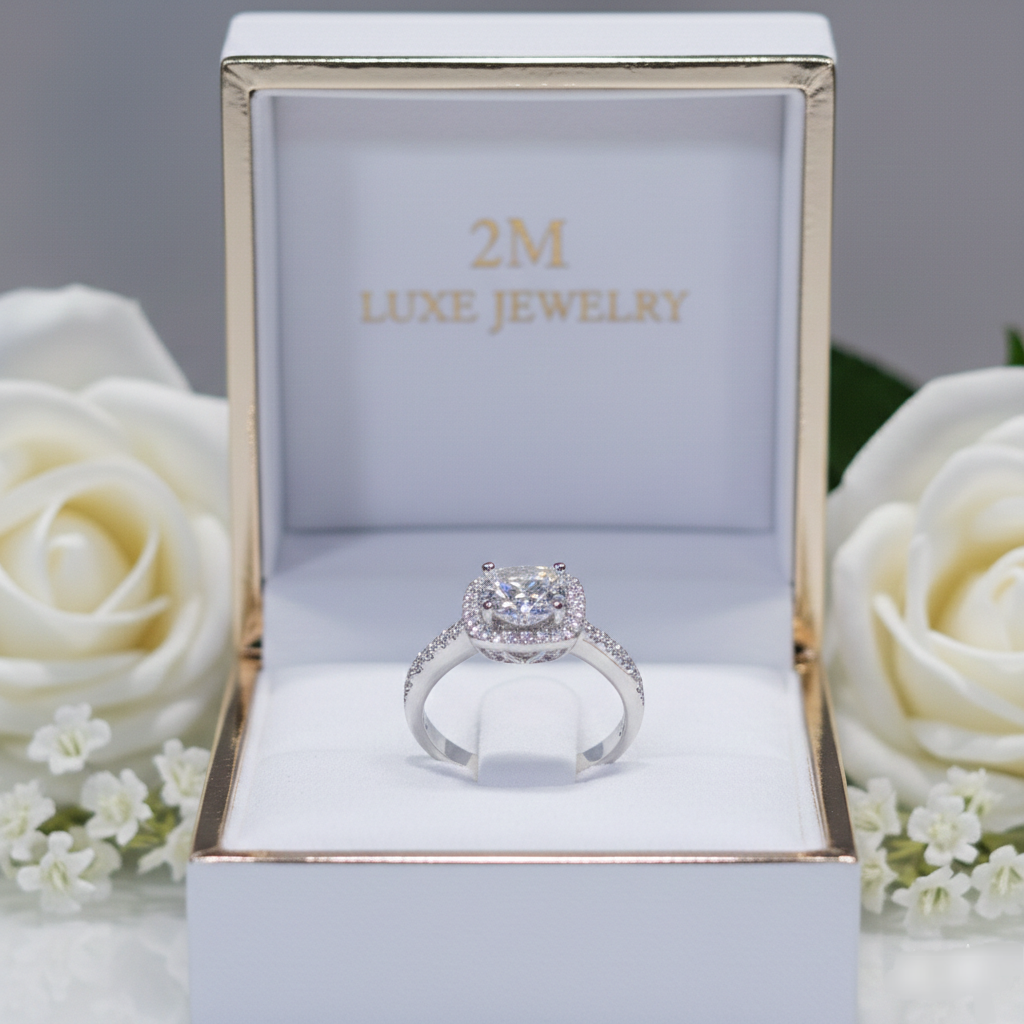 Bague Halo Carré en Moissanite – Argent 925 plaqué Or Blanc