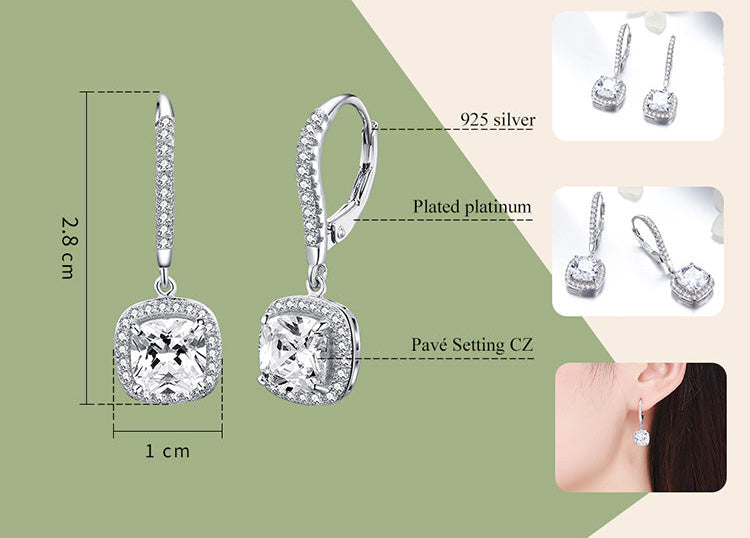 Sterling Silver 925 Simple Round Earrings Plated Platinum. Zircon Gemstones