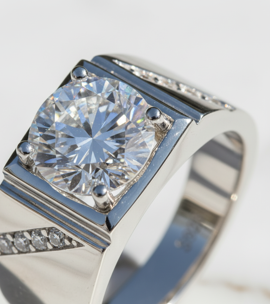 Moissanite Ring for Men 925 Sterling Silver. Classic Round Cut.
