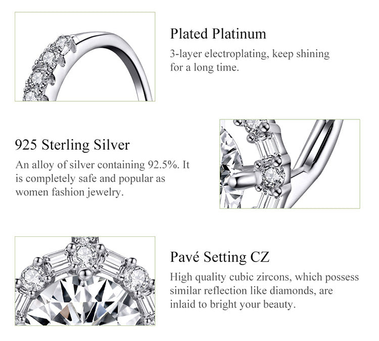 Sterling Silver 925 Simple Round Earrings Plated Platinum. Zircon Gemstones