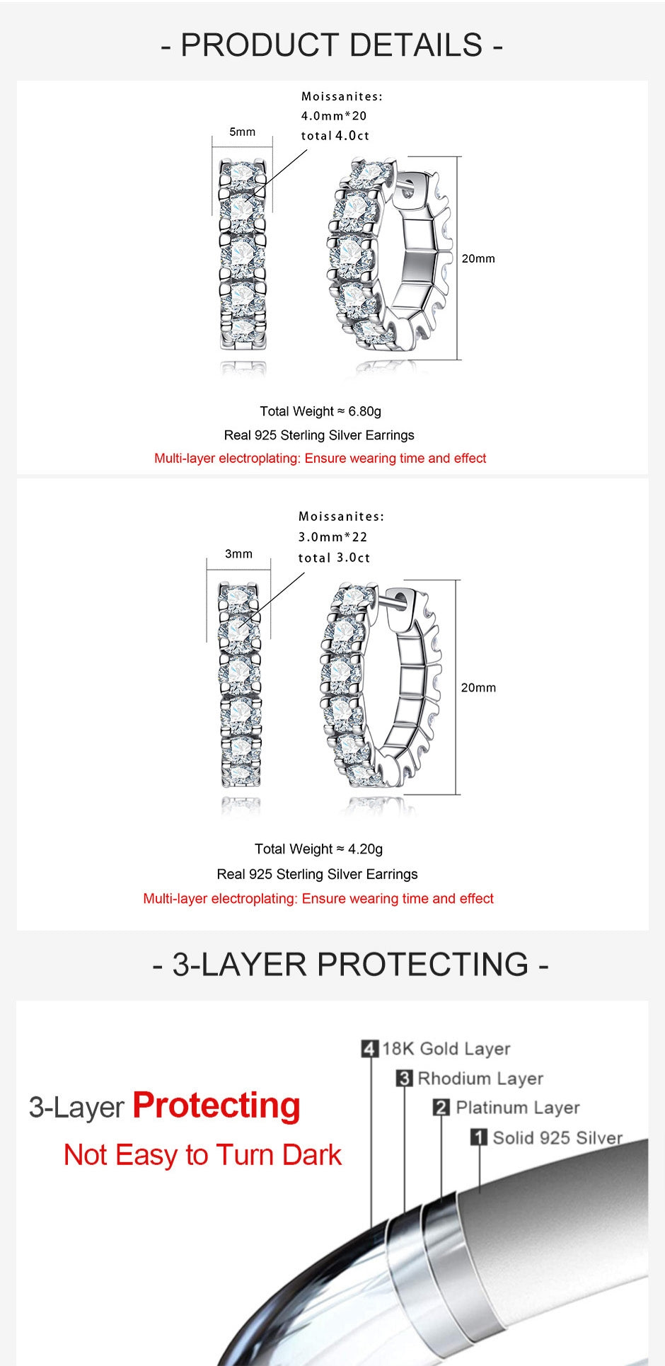 2.6 Cts(3mm)/6 Cts(4mm) D Color Moissanites Hoop Earrings 925 Sterling Silver  Luxury Huggie Earring for Women
