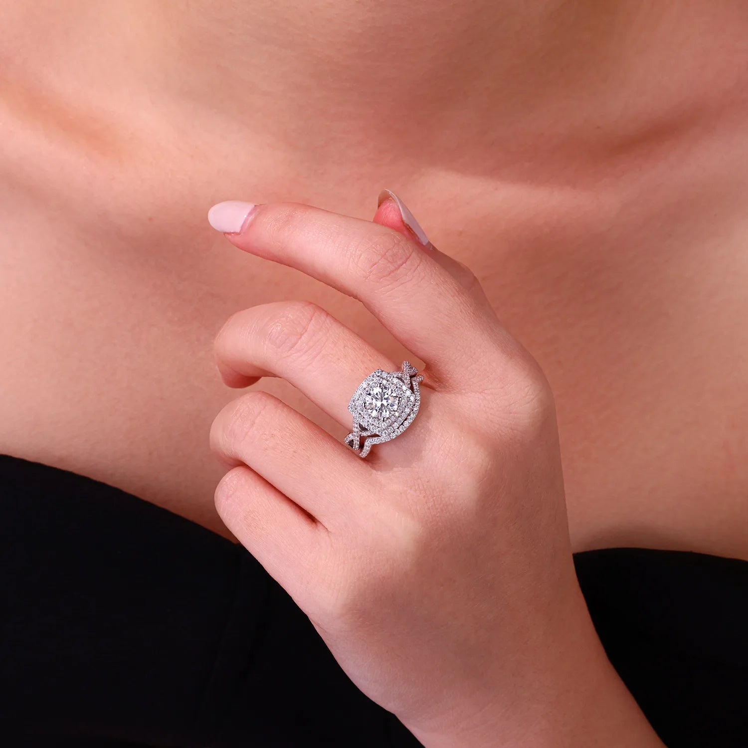 Full Moissanite Engagement Ring Set, S925 Silver Plated Platinum