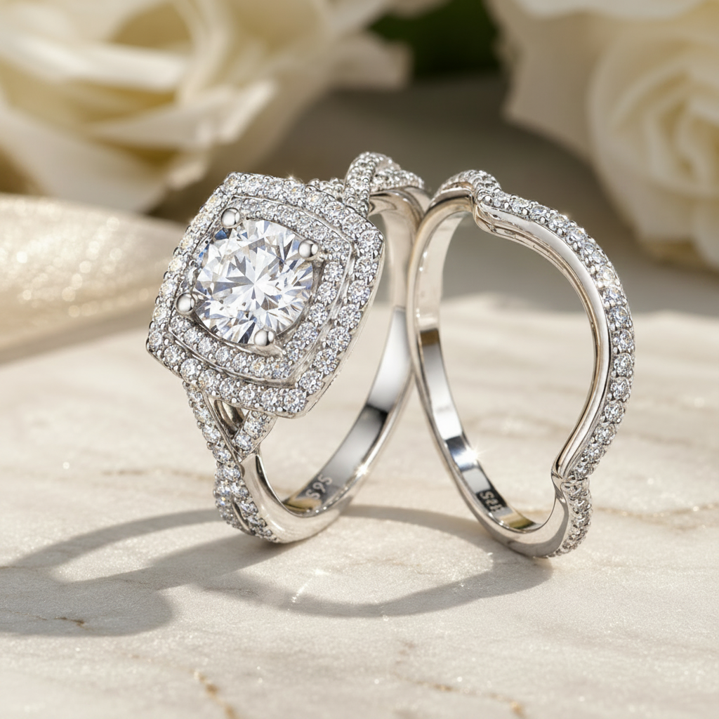 Full Moissanite Engagement Ring Set, S925 Silver Plated Platinum