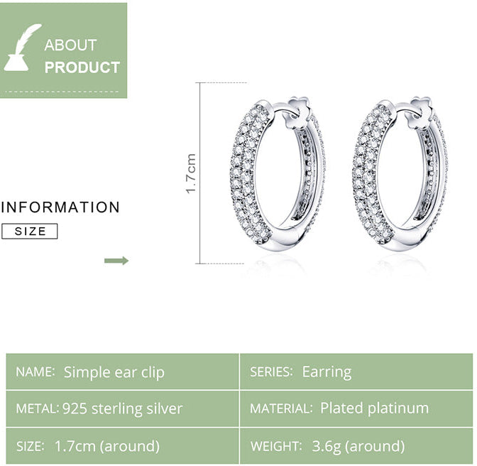 Sterling Silver 925 Simple Round Earrings Plated Platinum. Zircon Gemstones