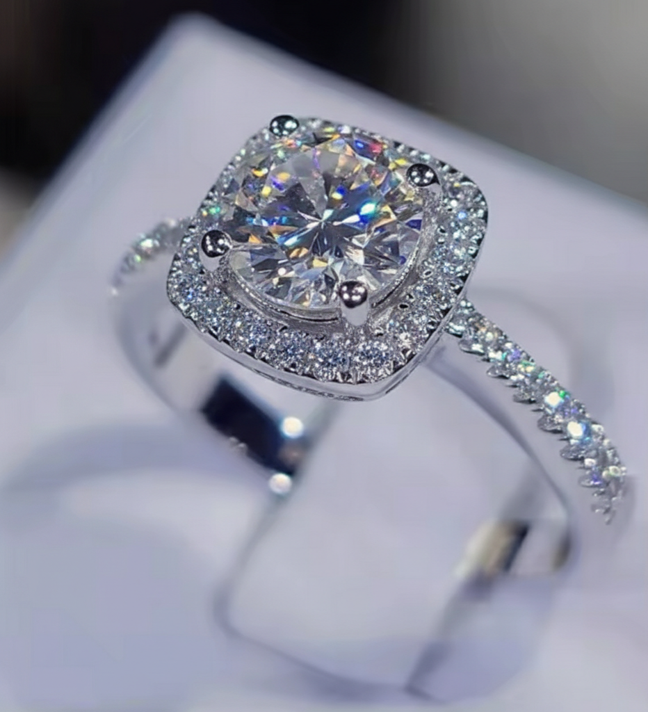 Bague Halo Carré en Moissanite – Argent 925 plaqué Or Blanc