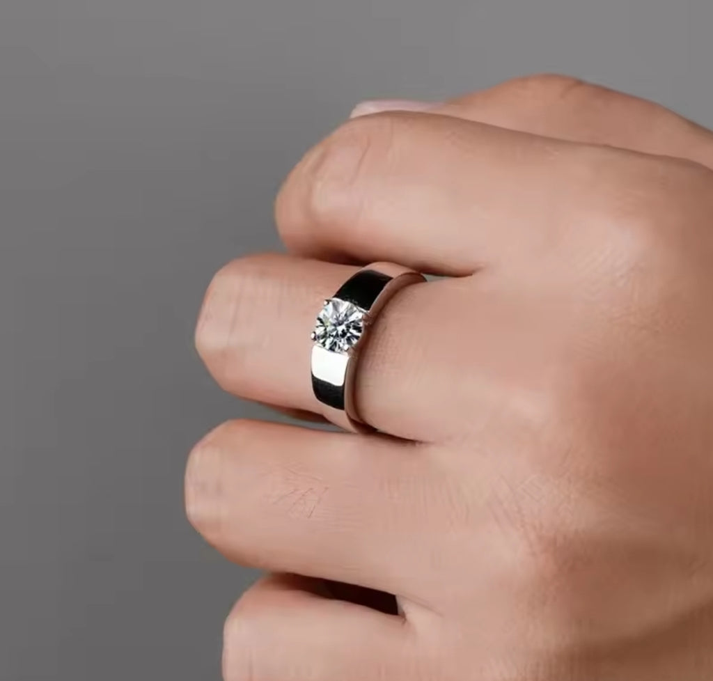 Moissanite Ring for Men/Women 925 Sterling Silver Plated White Gold. Classic Round Cut.
