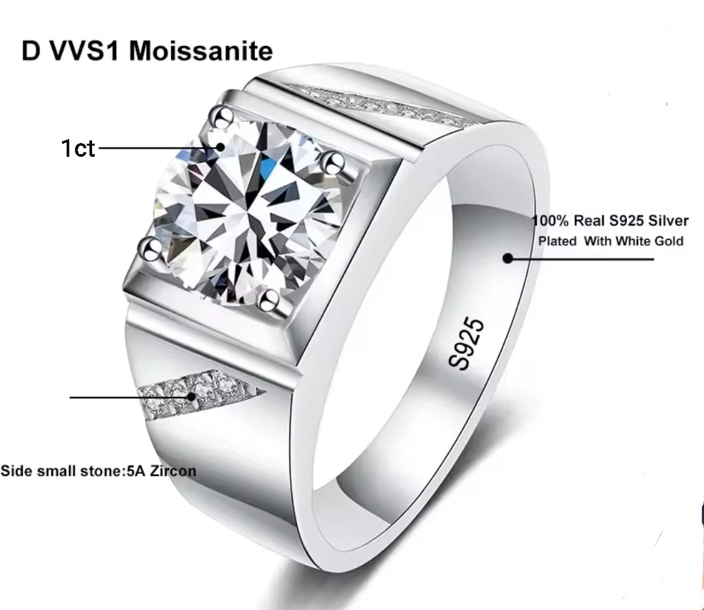 Moissanite Ring for Men 925 Sterling Silver. Classic Round Cut.