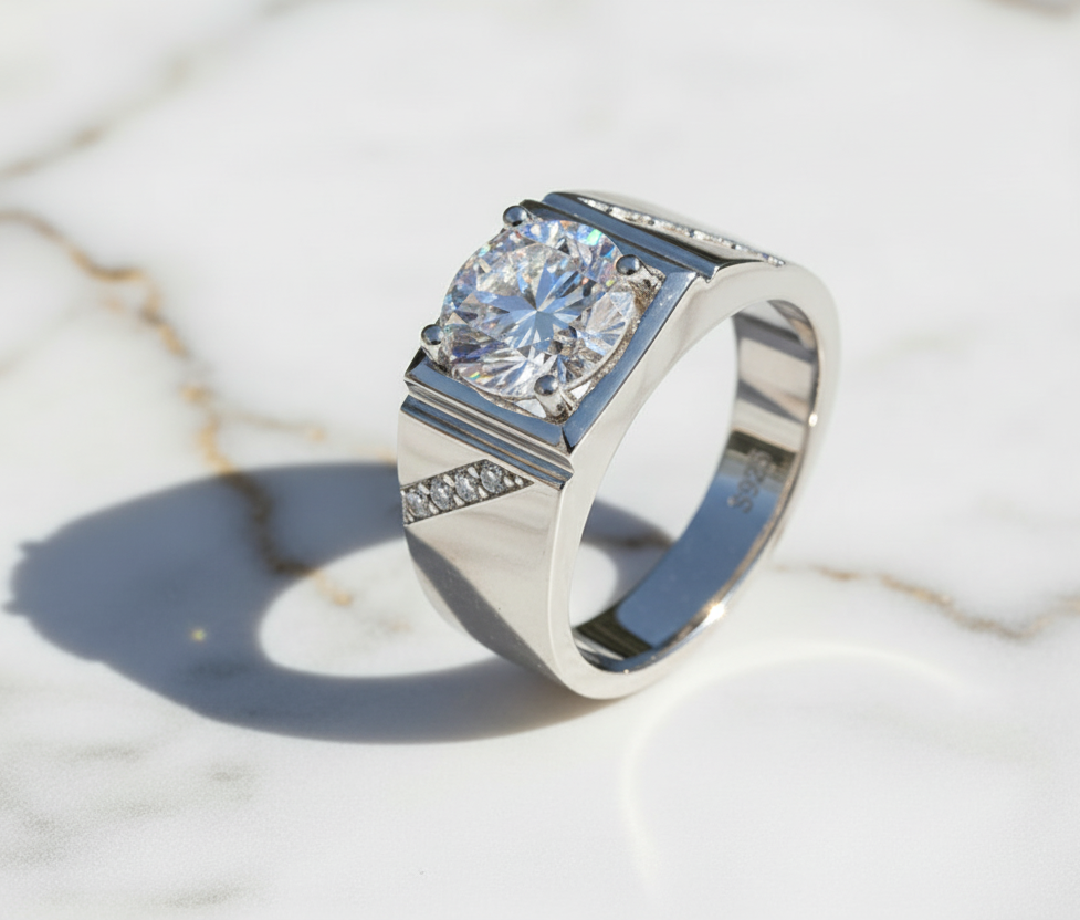 Moissanite Ring for Men 925 Sterling Silver. Classic Round Cut.